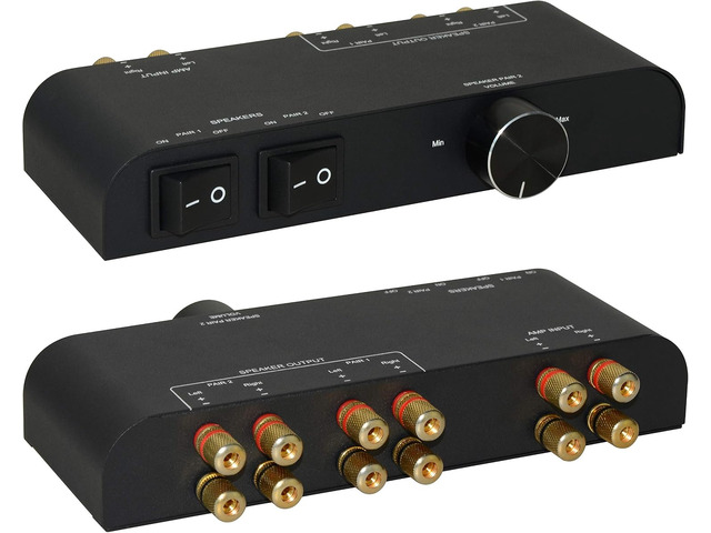 2 Way Speaker Switch, 1 in 2 Out Way Pair Stereo Speaker Selector W/Volume Control Metal Non-Slip Box - Black (61052), 9.0 x 3.25 x 1.5