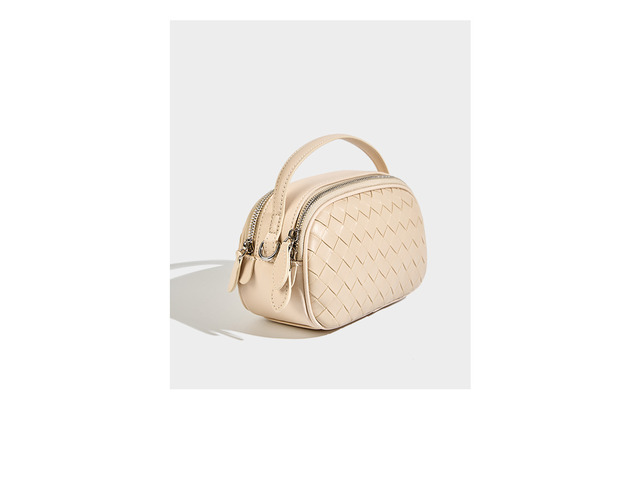 Genuine Leather Knitted Double Zipper Shoulder Crossbody Bag White