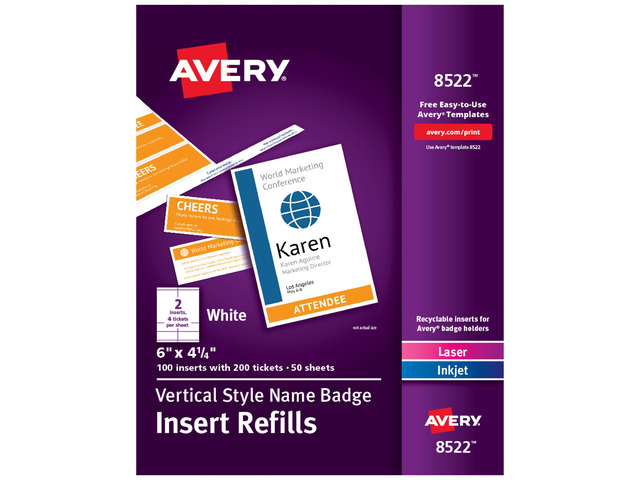 Avery Name Badge and Ticket Inserts, 6' x 4.25', 100 Inserts (8522)