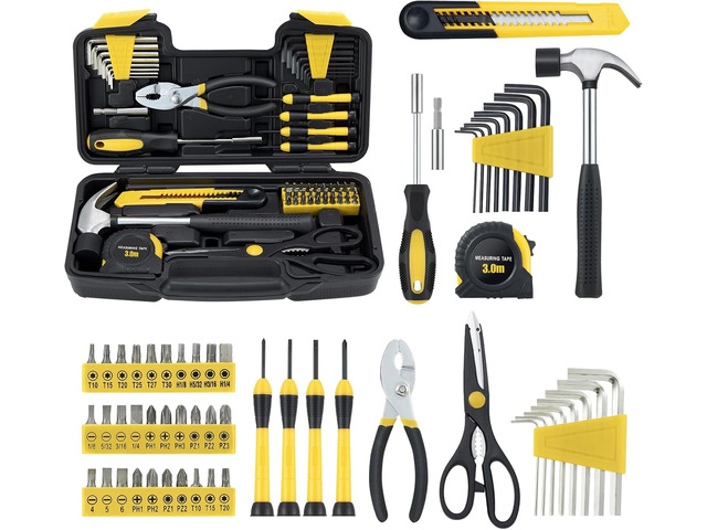 58-Piece Household Tool Set, Yellow Hand Kit with Storage Case All Purpose Hand Tool Kit, General Small Tool Kit, for Home Garage, Office, College...