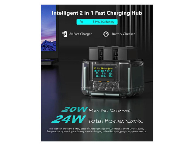 Fast Charging Hub Action 5Pro/4/3 Charger Three Port Charging Case Electricity Detection ligent OLED