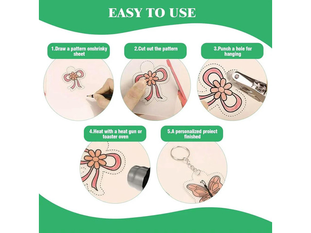 Shrink Plastic Sheet Kit W Blank Sheets Shrinky Art Paper, Colored Pencils, Keychains, Earring Hooks,For Crafting