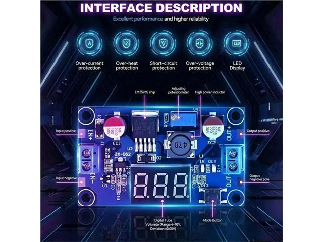 LM2596 Adjustable DC-DC Buck Converter Power Supply Module 2-Pack With Integrated Digital Voltage Meter Display