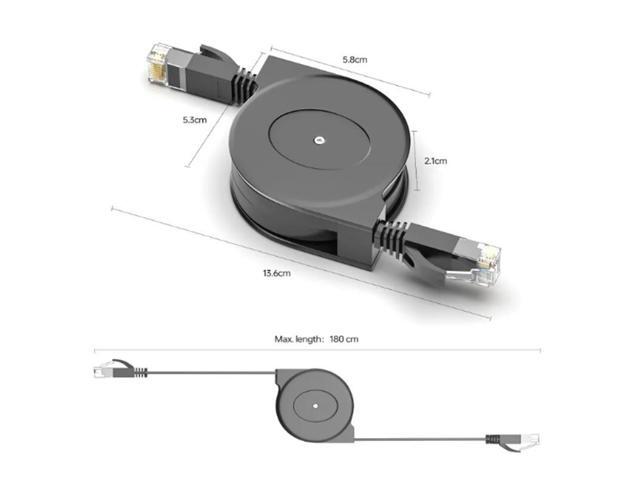 1.8m CAT6 Retractable Ethernet Cable - High-Speed RJ45 Cable Black Plastic Housing, 10Gbps Network Cable