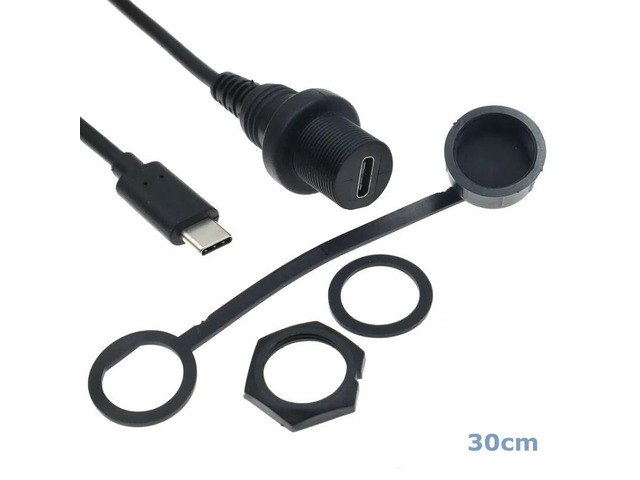 30cm USB Type C 2.0 Male to Female Car Flush Mount Dash Waterproof Extension Cable for Car, Motorcycle,Truck Dashboard-Black (US