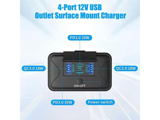 78W 4 Port 12V USB Outlet Wall Mount, Dual 36W PD & Dual 18W QC3.0 Mount Charger Socket Panel With Button Switch