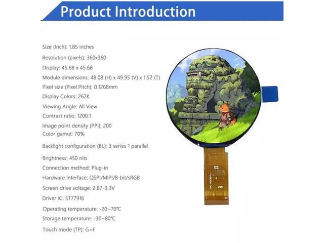 ST77916 Driver, CST816T Touch Controller Equipped 1.85 Inch Round Touch Screen QSPI LCD Display 360X360 Resolution For Echo