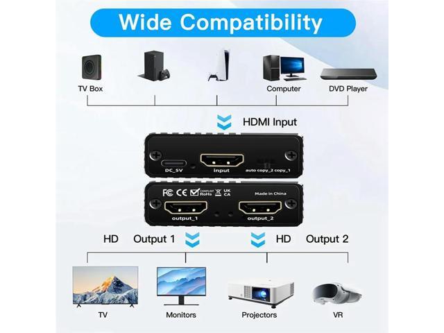 Ultra 8K HDTV 1 To 2 Splitter 8K HDTV 1 To 2 Splitter HD2.1 8K60hz/4K120hz/1080P240hz With EDID For PS5 PC Laptop Conputer