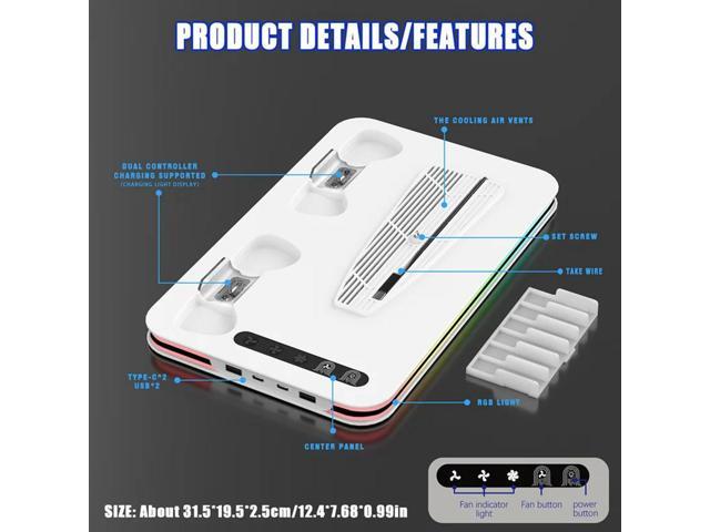 3In1 Cooling Stand For PS5/PS5 SLIM/PS5 PRO Charging Of Dual Controllers Adjustable RGB Lights With Disc Holder