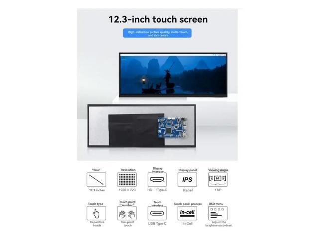 Display Screen 12.3-Inch 10 Point Capacitive Touch IPS 1920X720 Resolution -For Rpi Compatible 178° Full View Angle