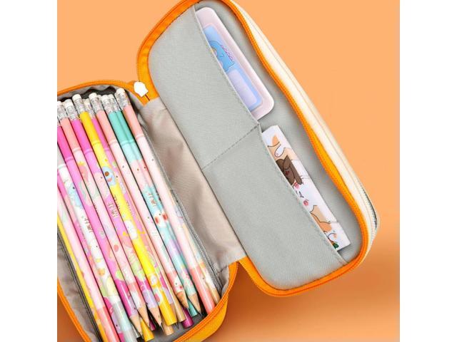 Canvas Pencil Case Double Layer Large Capacity Stationery Pen Box (Yellow)