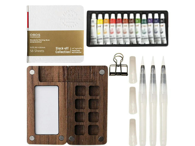 Mini Travel Grid Palette Box with Binder Clips Wooden Grid Paint Box with Watercolor Pens Watercolor Paint Set for Adult Artists