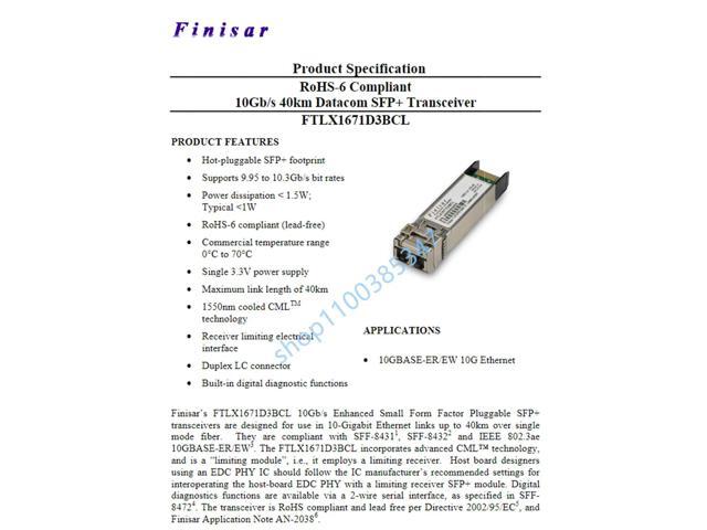Finisar 10GB 40KM Fiber Optical Module FTLX1671D3BCL/1550NM 40KM 10G Network Adapter General Purpose Module