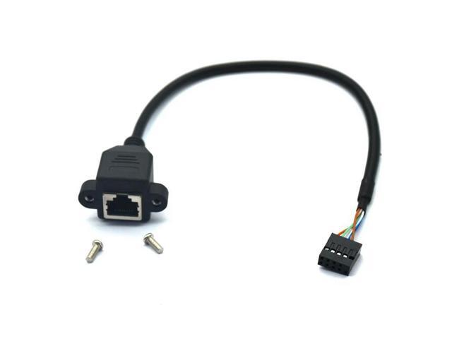0.3m USB 2.0 9-pin terminal 2.54 to RJ45 female Ethernet LAN network extension cable, with panel mounting holes, for PC host