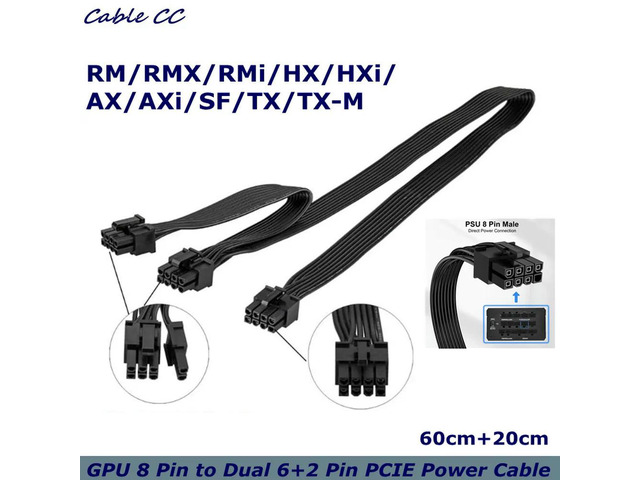 60cm+20cm PCI Express GPU 8pin to Dual 6+2Pin 8 Pin Power Supply Cable PCI-e Graphics Card 8pin 1 to 2 Power Cord For CS