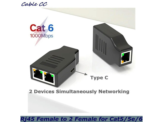 RJ45 Female to 2 Female(2 Devices Simultaneously Networking),1000Mbps Internet Splitters 1 in 2 out, LAN Splitter Type-C Power