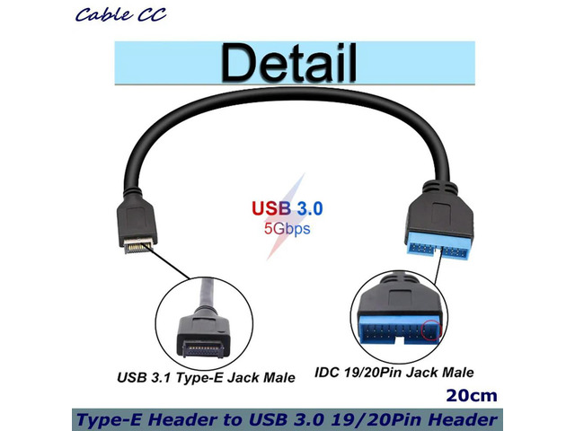 USB 3.0 19/20Pin Male to USB 3.1 Type-E Header Male Extension Cable Adapter for Motherboard 20cm
