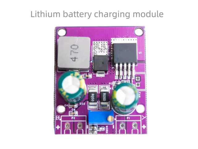 Li-ion charging module with adjustable voltage range of 0.5V to 12.8V and capable of delivering a current of 4.4A.