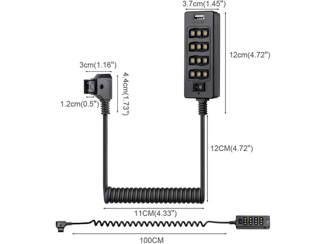 2X Dtap Splitter Cable With Power Switch D-Tap For V-Mount V Lock, Gold Mount Battery To 3P X 4 Female Port & USB Port