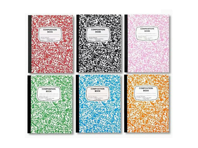 Wide Ruled Paper Notebooks, Composition Style, 190X247mm Size, Assorted Marble Covers, 6 Pieces Per Pack In Different Colors