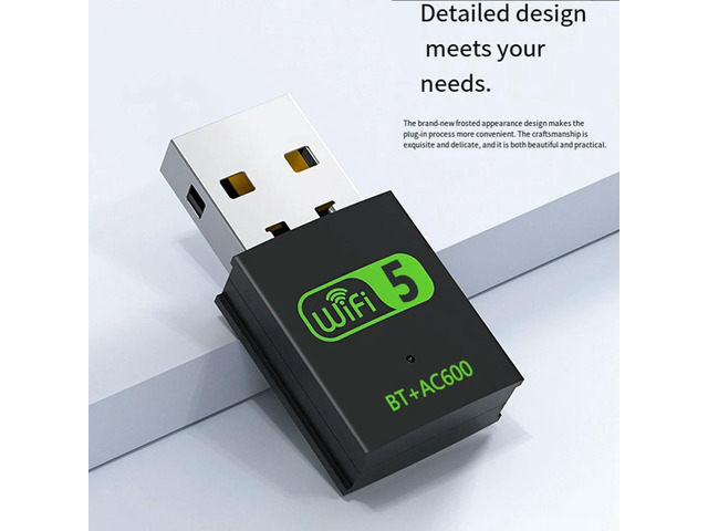 2 in 1 USB Bluetooth Adapter 600Mbps Dual Band 2.4G/5GHz Wi-Fi 5 Dongle High-Speed Network Card for Laptop