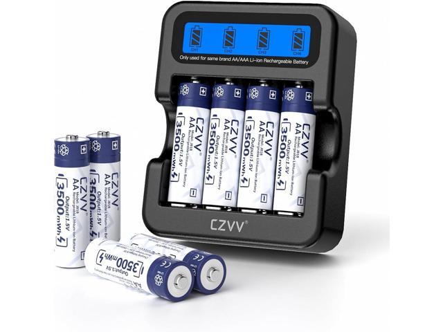 Rechargeable Lithium AA 1.5V Batteries 8-Pack Large Capacity 3500mWh Double A Support Low-Battery Detection for Devices with 4-Slot LCD Display.