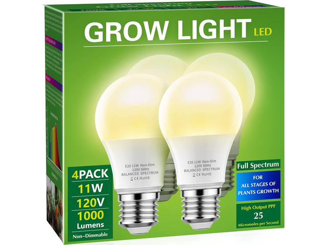Briignite 4 Pack Grow Light Bulbs, LED White Bulb A19 Bulb, Full Spectrum Plant Bulbs E26 Base, 11W 100W Equivalent, for Indoor Plants, Seed Starting