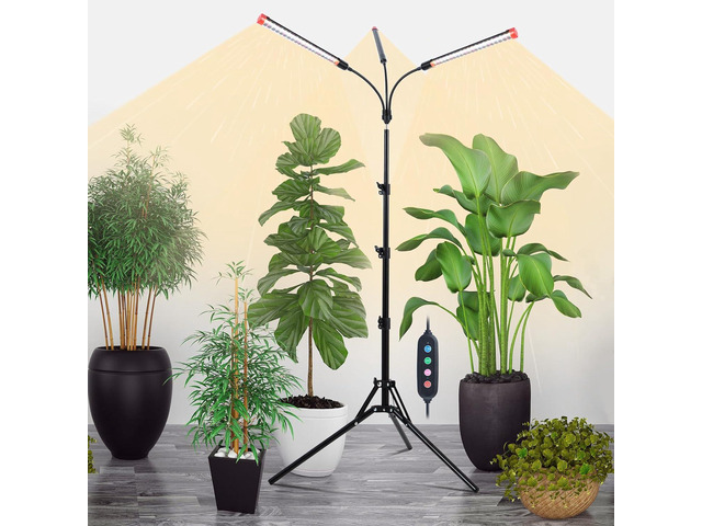 3Head Grow Light with Stand, 5-Mode Timer 4/8/12/16/20H, 27 Watt Power Home Plug LED Grow Lights for Indoor Plants for Tall Houseplants, Bonsai...