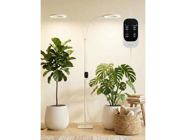GLOWRIUM 48W LED Dual-Head Grow Light for Indoor Plants, 23.5-71' Adjustable Height, 3-Growing Full Spectrum for Tall Plant Light, 3/9/12/16H...