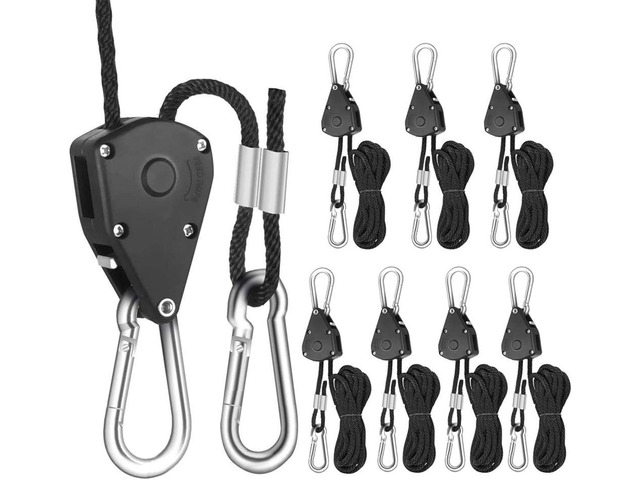 Winterworm 4 Pairs 1/8 Inch Adjustable Heavy Duty Ratchet Hanger Grow Light Fixtures Rope Clip Hangers Hanging Ropes for Gardening Grow Plant Fan...