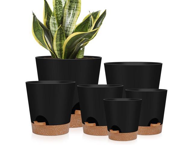 YNNICO Indoor Self Watering Planters with Drainage Holes and Saucers, 8, 7, 6.5, 6, 5.5, 5 Inches, Black, 6 Pots