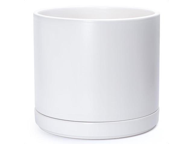 D'vine Dev 14 Inch Ceramic Planter Pot with Drainage Hole and Saucer, Indoor Cylinder Round Planter Pot, White, 94-O-G-1
