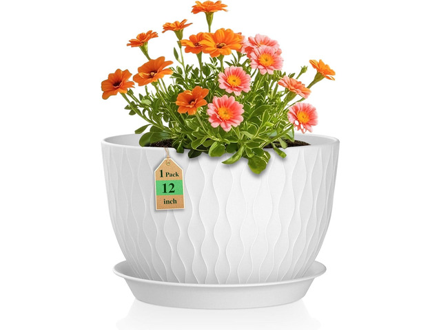 WSMKSZ 12 Inch Large Plant Pots for Indoor or Outdoor Plants, Wide Water Ripples Flower Pots with Drainage Holes & Saucer, Plastic Planters Set for...
