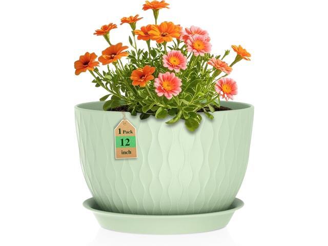 WSMKSZ 12 Inch Large Plant Pots for Indoor or Outdoor Plants, Wide Water Ripples Flower Pots with Drainage Holes & Saucer, Plastic Planters Set for.