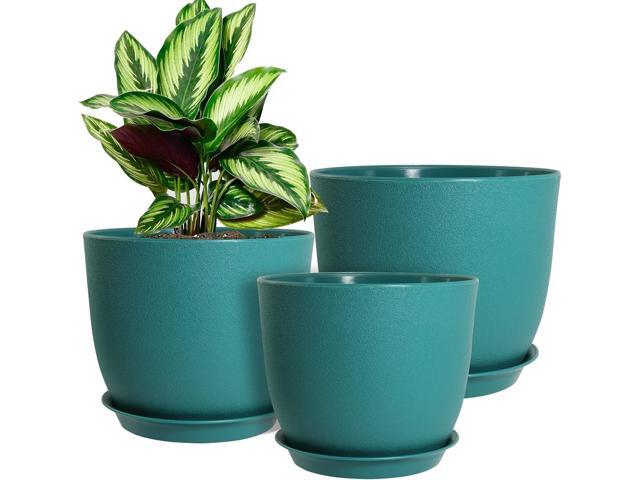 WOUSIWER Plant Pots 10/9/8 inch, Set of 3 Modern Decorative Plastic Planters with Drainage Holes and Saucers for House Plants Indoor Flowers.
