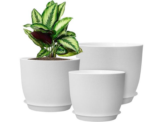 WOUSIWER Plant Pots 10/9/8 inch, Set of 3 Modern Decorative Plastic Planters with Drainage Holes and Saucers for House Plants Indoor Flowers...