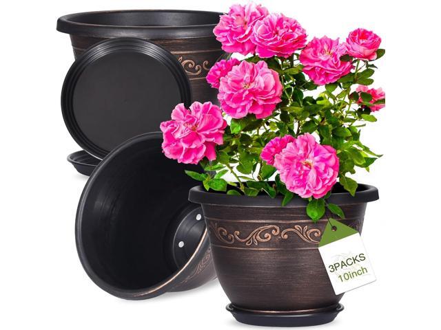 Plastic-Plant-Flower-Planters-10 Inch With Drainage Hole & Saucer, 3 Packs Lightweight Small Resin Flower Pot Indoor Outdoor, Retro Antique...
