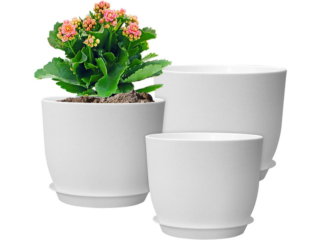 WSMKSZ 10/9/8 inch Medium Flower Pots, 3 Pack Modern Decorative Plastic Planters with Drainage Holes and Tray, Plant Pots for Indoor Outdoor...