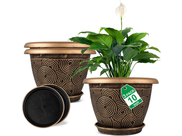 Fodetyff 10 Inch Flower Pots Planters for Indoor Outdoor Plants, 3 Pack Plastic Large Plant Pots with Drainage Hole & Tray, Modern Decorative...