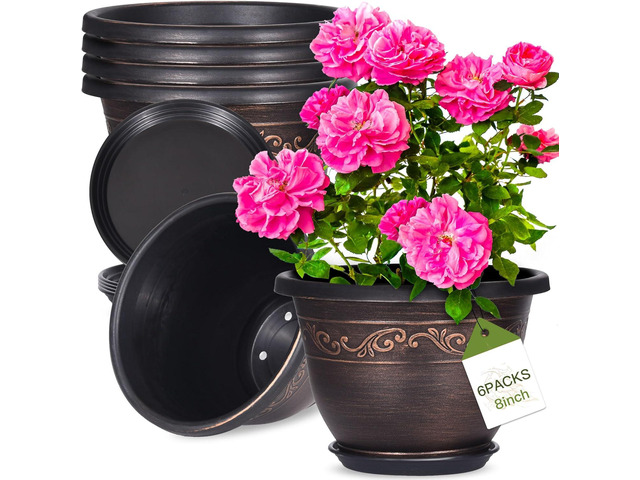 Plastic-Plant-Flower-Planters-8 Inch With Drainage Hole & Saucer, 6 Packs Lightweight Small Resin Flower Pot Indoor Outdoor, Retro Antique...