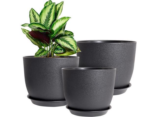 WOUSIWER Plant Pots 10/9/8 inch, Set of 3 Modern Decorative Plastic Planters with Drainage Holes and Saucers for House Plants Indoor Flowers.