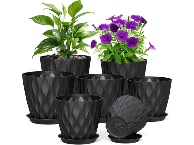 Meowell 7/6.5/6/5.5/5/4.5/4 inch Plant Pots for Indoor Outdoor Plants, 7 Pack Thick Flower Pots with Drainage Holes and Saucers, Modern Wave...