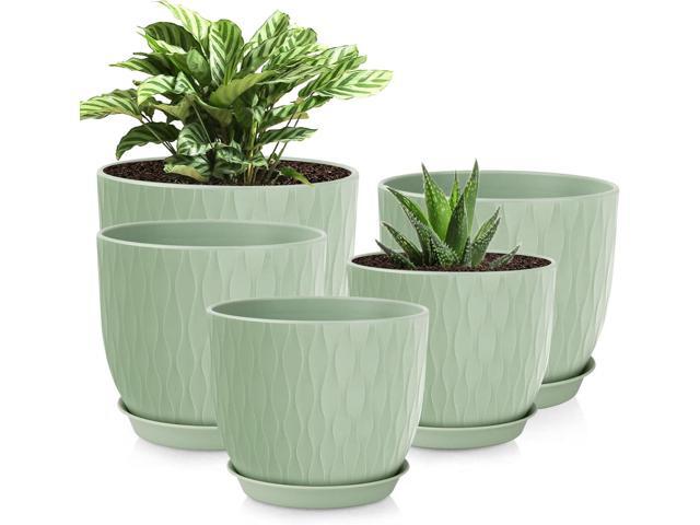 Plastic Plant Pots 10/9/8/7.5/7 inch Set of 5, Flower Planters with Drainage Holes and Saucers, Plastic Pots for Indoor Outdoor Plants, Livingroom.