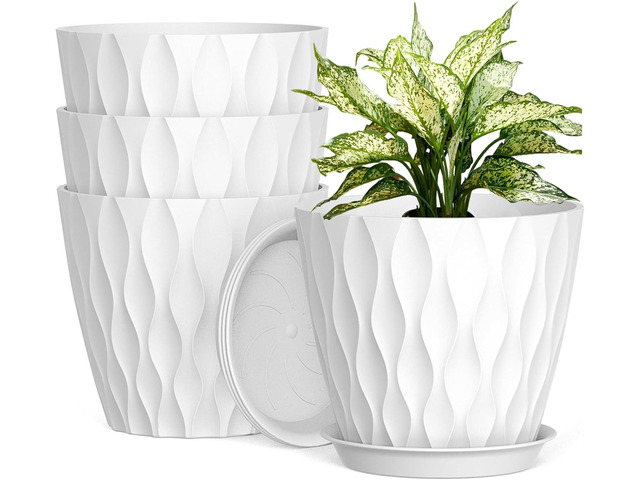 UOUZ 8 Inch Plant Pots, 4 Pack Plastic Planters for Indoor Outdoor with Drainage Holes & Saucers, Waffle Texture Flower Pots for Indoor Plants,...