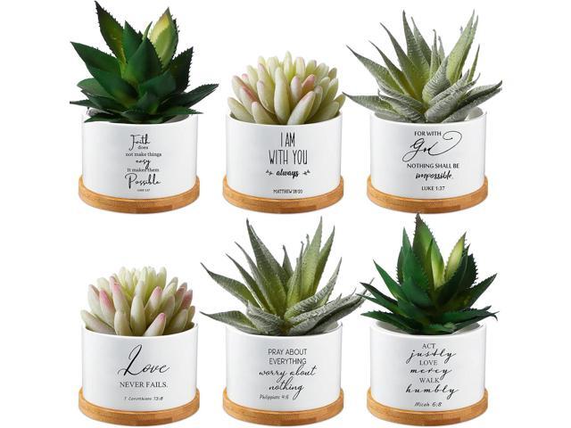 Sieral 6 Pcs Bible Verse Succulent Pots White Ceramic Flower Planter with Bamboo Tray Small Pots Christian Gift Succulent Planters for Patio Garden.