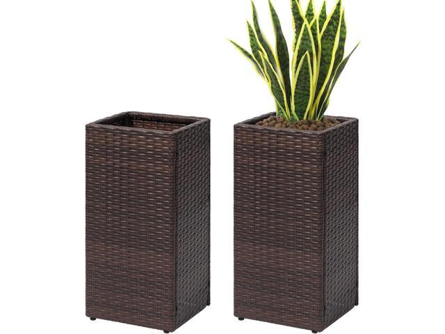 SUNNYPARK 2 Pack Tall Planters for Outdoor Plants Rattan Modern Tall Square Planter Box with Removable Liners Indoor Outdoor Porch Patio Flower Pot.