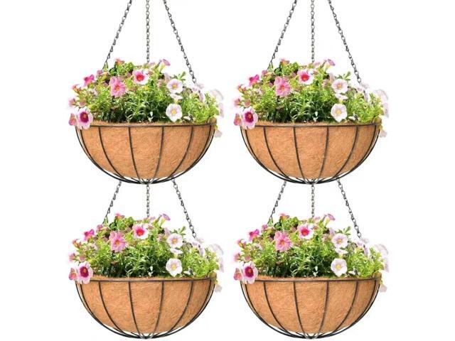 4 Pack 14 Inch Hanging Baskets for Plants Outdoor Metal Hanging Planter Hanging Flower Baskets with Coco Fiber Liners Chain Round Wire Plant Holder.