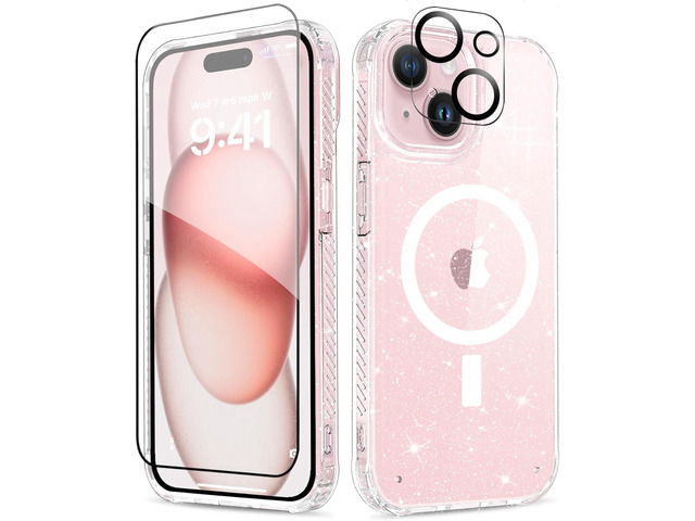 MIODIK Magnetic for iPhone 15 Plus Case Clear Glitter, Sparkle Clear with Screen Protector + Camera Lens Protector, Protective Shockproof Phone...