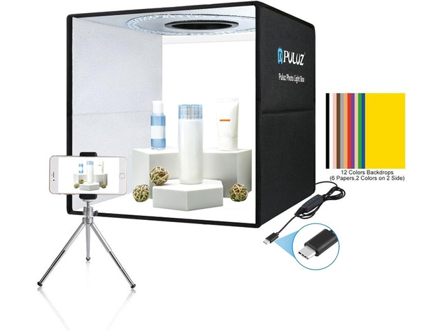 Photo Studio Box, PULUZ 40cm Folding Lightbox 160 LED Ring Light Portable Photo Studio Photography Shooting Tent Box Kit 12 Colors Backdrops USB...