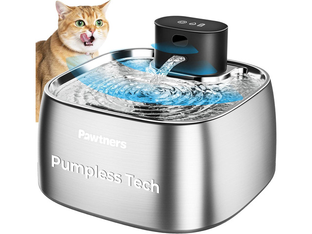Pawtners Pumpless Cat Water Fountain Stainless Steel 108oz/3.2L, 3 Modes Automatic Cordless Pet Water Dispenser,Easy Clean,Silent Smart...